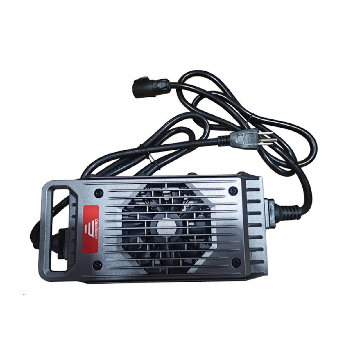 Introducing the E-Ride Pro Charger: a sleek, 2nd Gen silver charger with a cooling fan, vent-like grooves on top, and a distinctive red label on the side. Equipped with an attached black power cord and US plug, this replacement charger offers both style and efficiency.