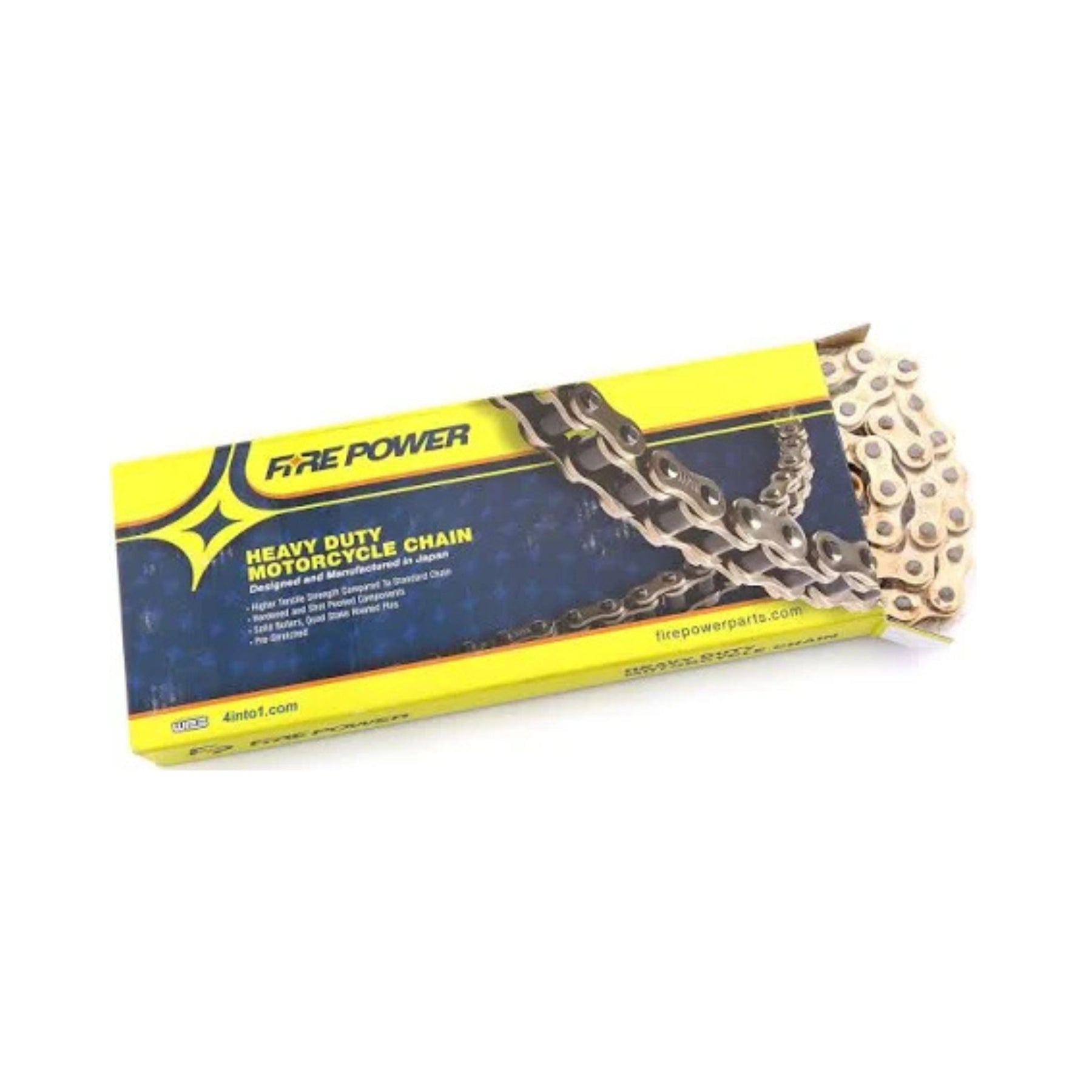 A boxed Fire Power Heavy Duty Chain 428X120 Gold from Amped Bikes is partially visible. The yellow box with a blue pattern reads Fire Power and Heavy Duty Motorcycle Chain, highlighting clip style master links for secure connections and solid rollers for improved durability.
