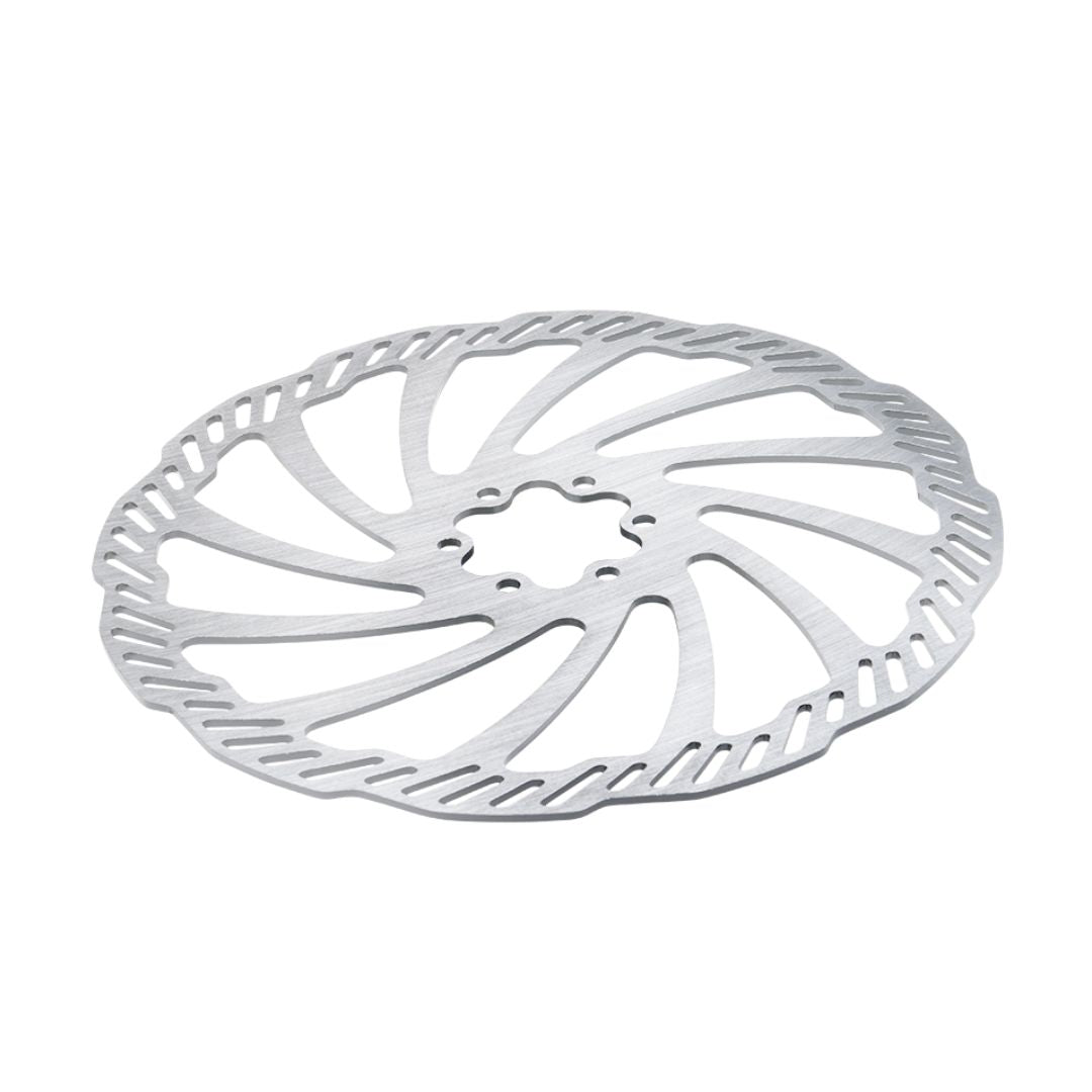 The Falcon Pro Brake Disc by 79Bike, a silver wavy-designed rotor with multiple cutouts and high-temperature resistance, rests on a white background.