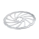 The Falcon Pro Brake Disc by 79Bike, a silver wavy-designed rotor with multiple cutouts and high-temperature resistance, rests on a white background.