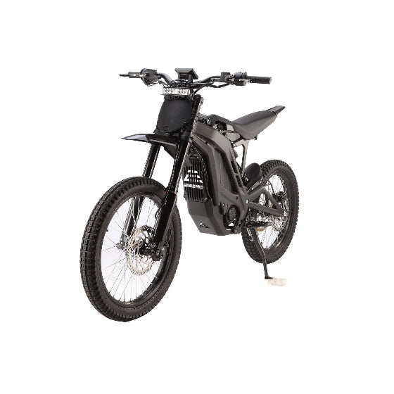 Introducing the E Ride Pro SS 3.0 by E-Ride Pro, a sleek black electric dirt bike featuring rugged tires, a minimalist frame with advanced BMS, and disc brakes for ultimate control in off-road adventures. Its modern sporty design is enhanced by straight handlebars and a compact seat.