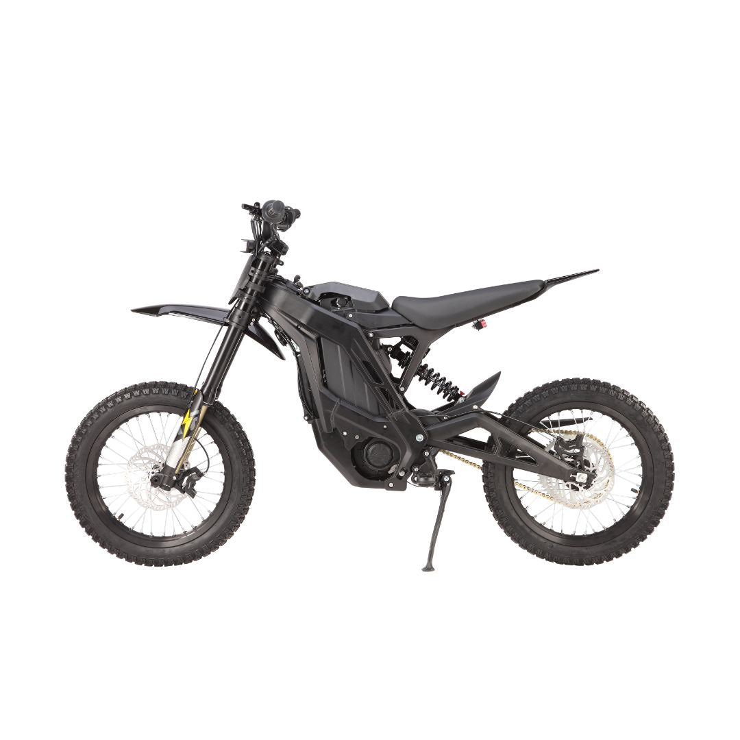 The E Ride Pro S by E Ride Pro is a sleek black electric dirt bike parked on a white background. It features an angular frame, 16 wheels with sturdy off-road tires, a streamlined seat, and minimalistic bodywork that highlight its modern and rugged appeal.