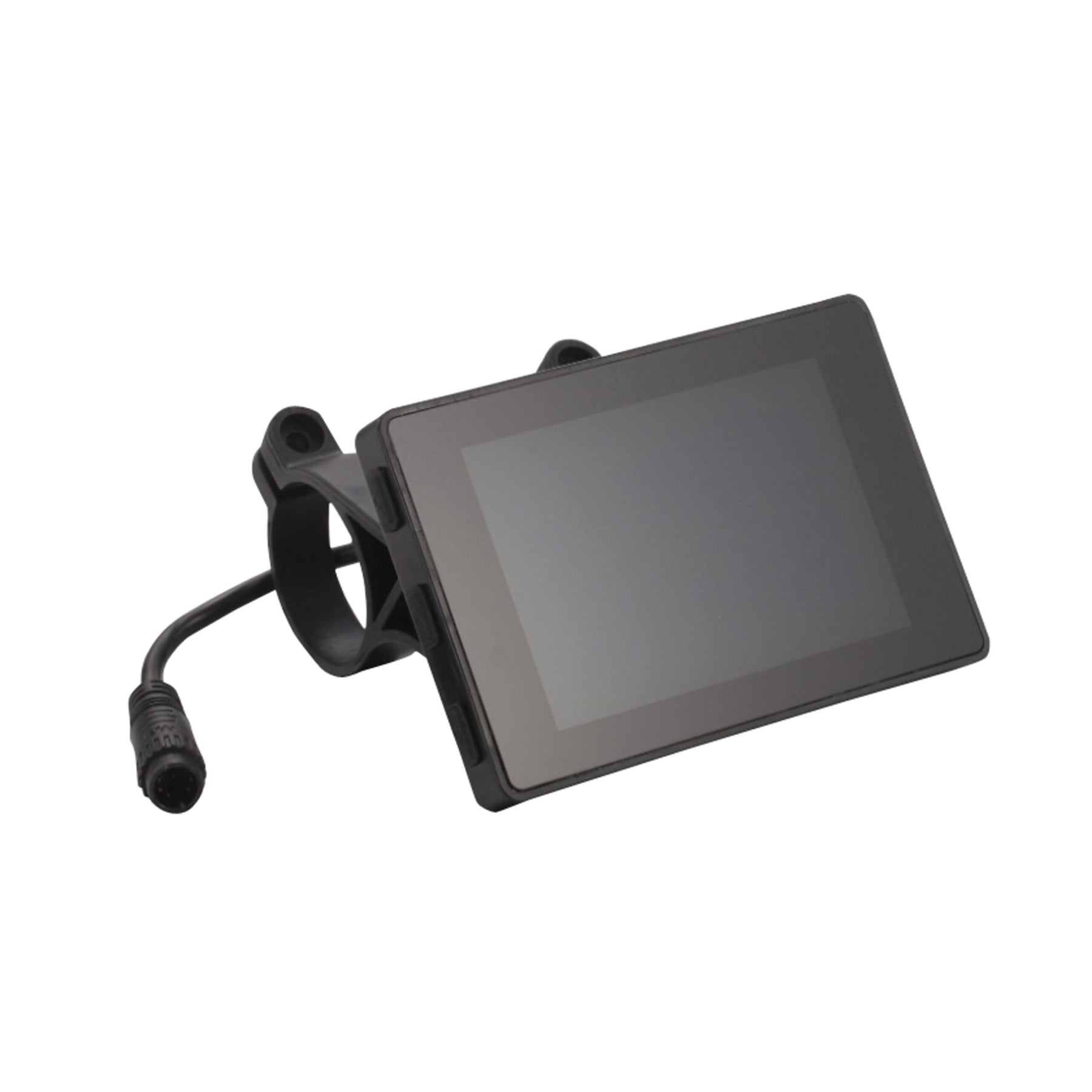A small, black rectangular electronic display with a screen and connector cable, featuring a mounting bracket for easy installation on vehicles or bikes. This could be the E-Ride Pro Display against a plain white background.