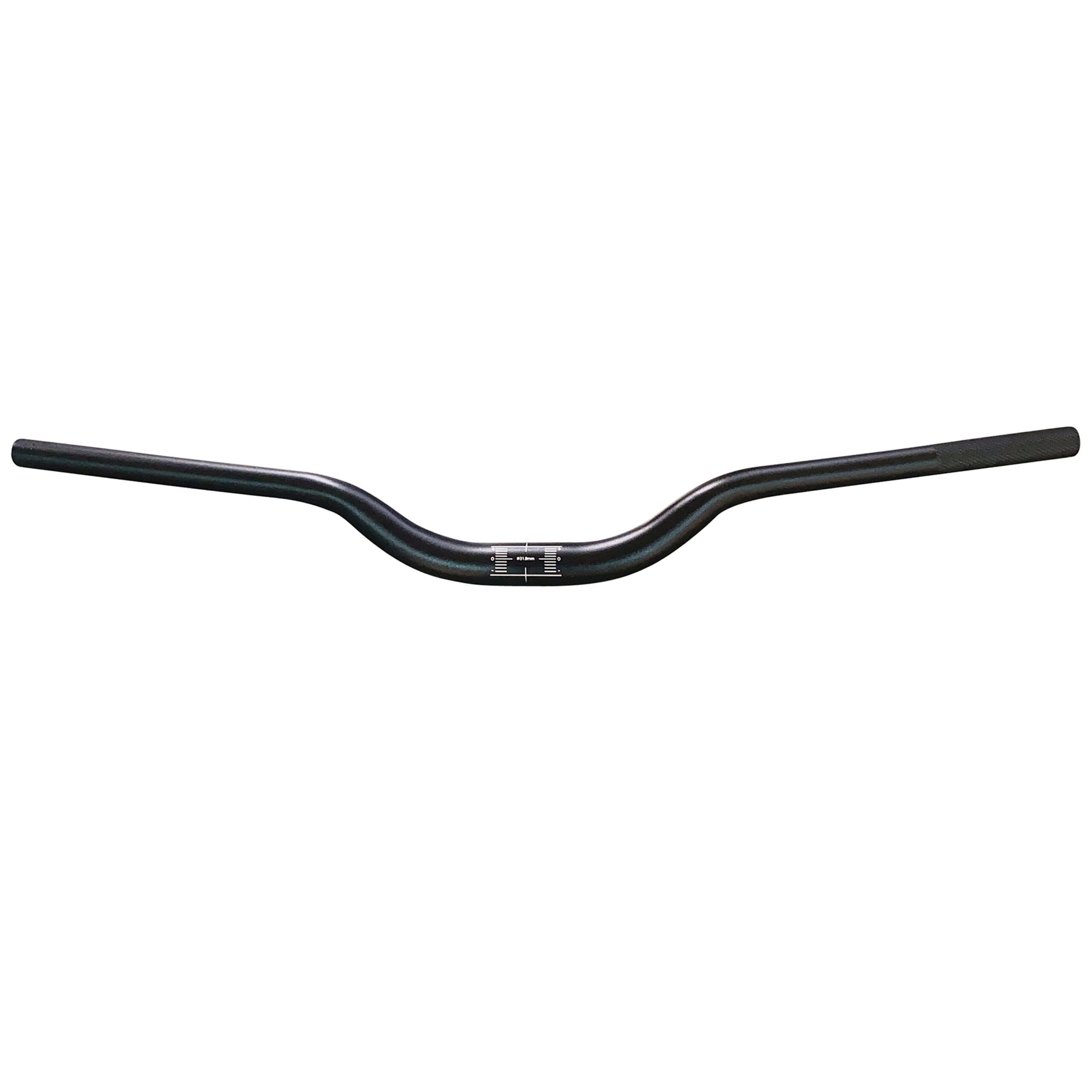 The E-Ride Pro Handlebars feature a Replacement Handlebar design with a 2 rise, slight upward curve, and straight ends. A metallic strip with alignment markings is at the center. The black handlebars are presented against a pure white background.