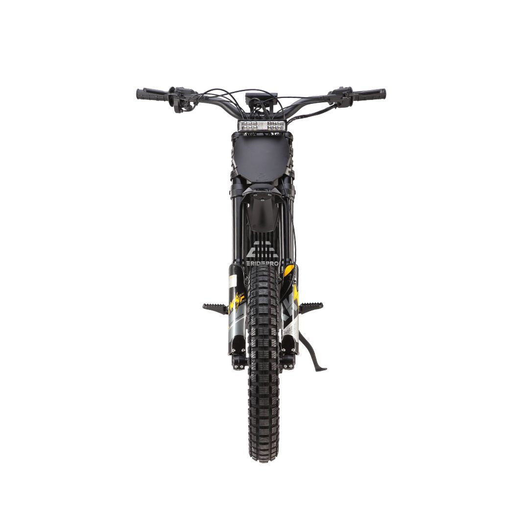 Front view of the E Ride Pro S by E Ride Pro, showcasing its handlebars and front suspension with sturdy fat tires and 16 wheels, perfect for off-road adventures, all set against a clean white background.