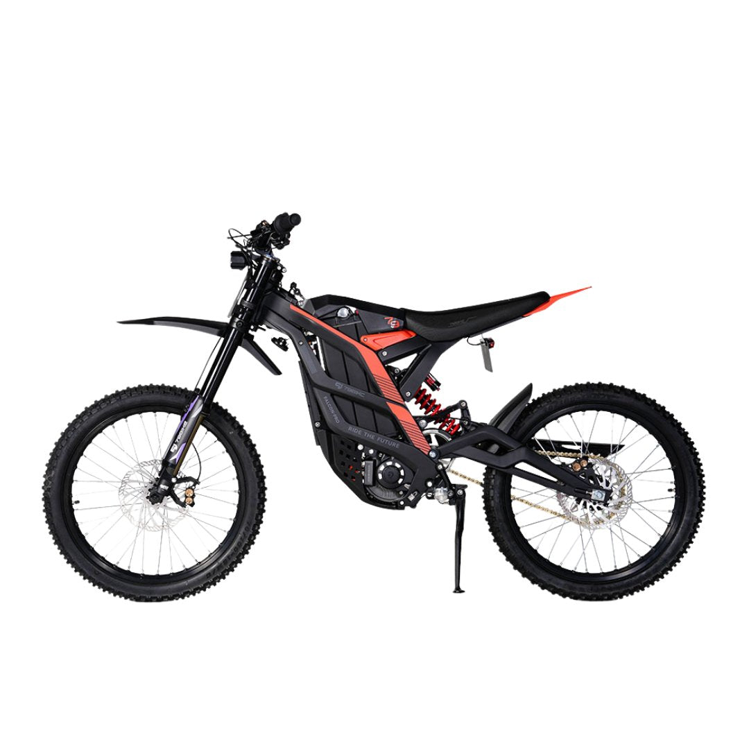 The 79Bike Falcon Pro, a 72V electric dirt bike, boasts a sleek black and red design with a minimalist look. It features a rugged frame, thick tires, and disc brakes for off-road adventures, showcased against a plain white background.
