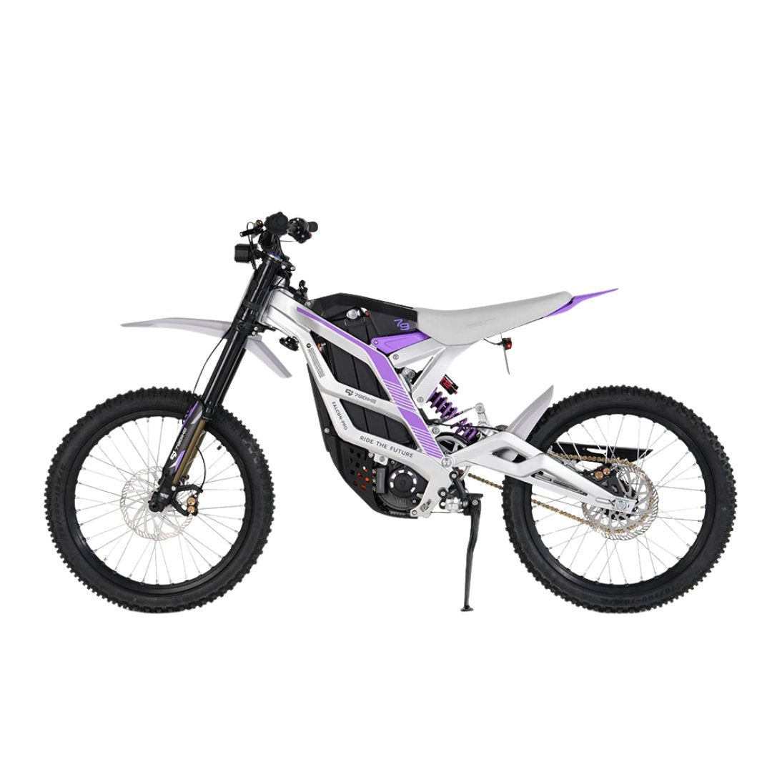 The 79Bike Falcon Pro is a 72V electric dirt bike with a sleek white and black design accented in purple, large off-road tires, and a minimalist frame.