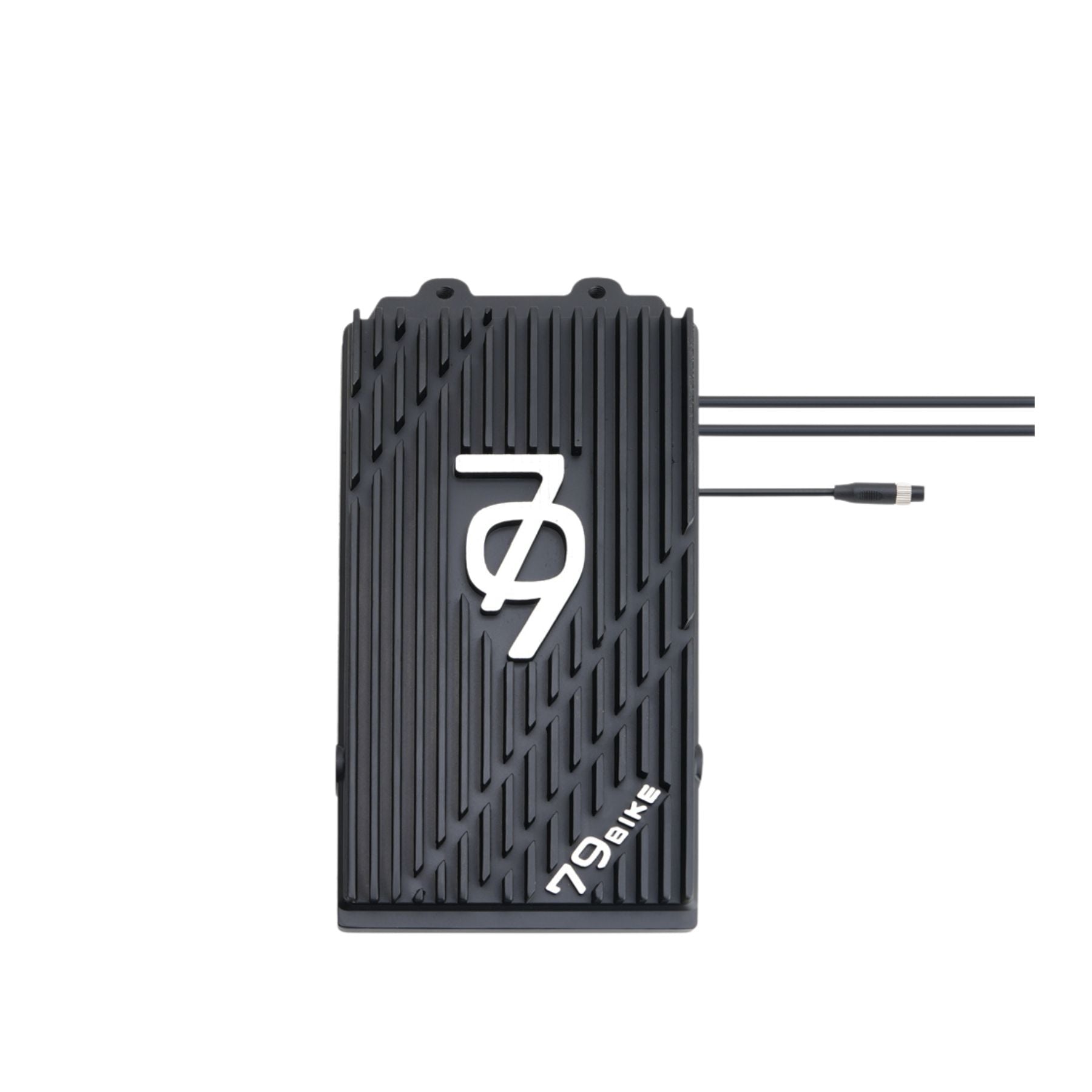 A black rectangular electronic device with diagonal grooves, showing 79 and BIKE, is the sleek Falcon Pro Controller by 79Bike. Three cables extend from the right side, and it stands out against a white background.