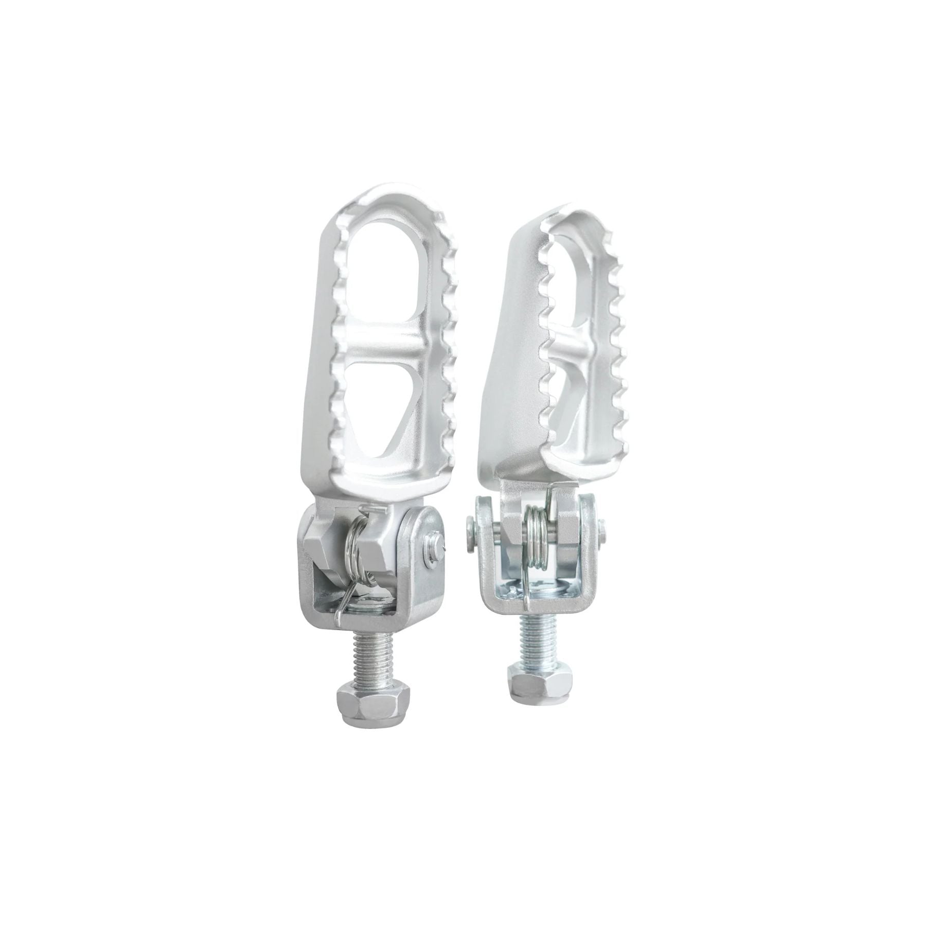The 79Bike Falcon Pro Footpegs are silver CNC aluminum motorcycle foot pegs with serrated edges for grip, adjustable mounting bolts, shown on a white background.