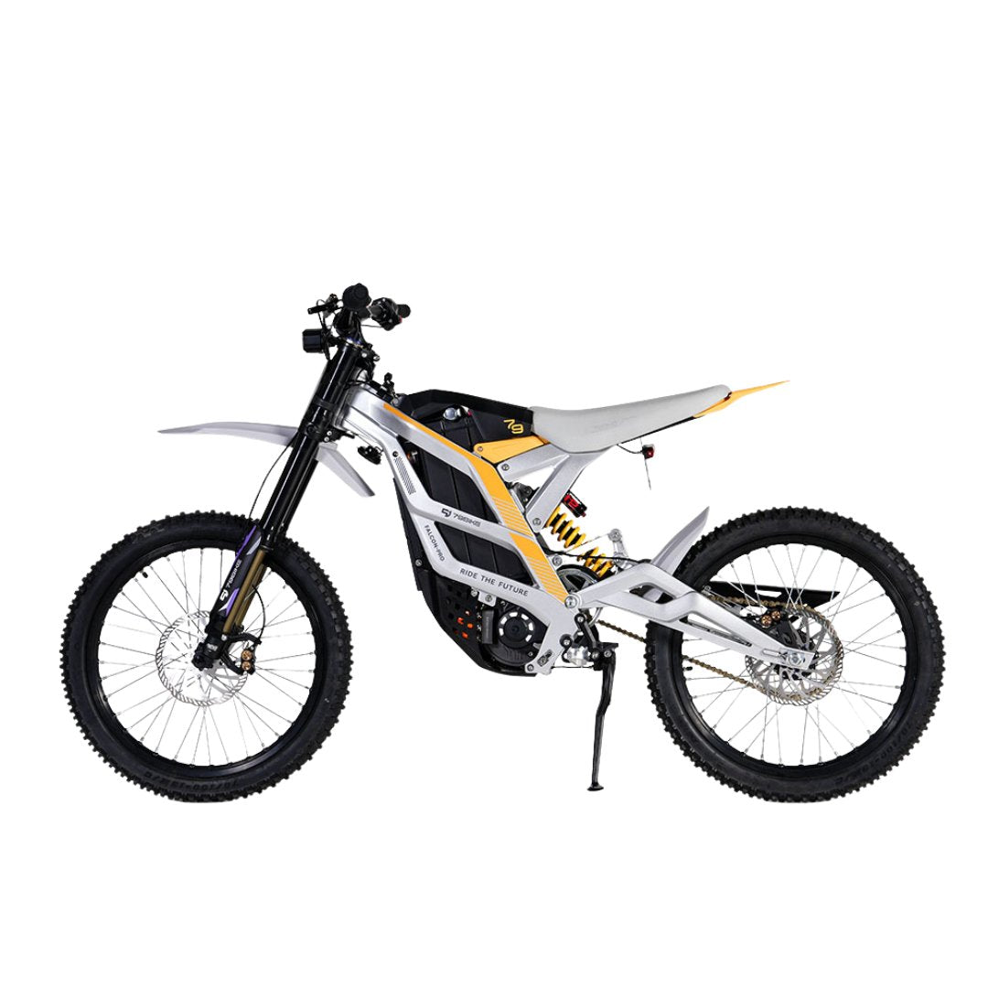 The 79Bike Falcon Pro, a 72V electric dirt bike by 79Bike, boasts a sleek white and gray frame with black tires and yellow accents. It features a minimalist design with visible suspension components and off-road capabilities, showcased against a plain white background.