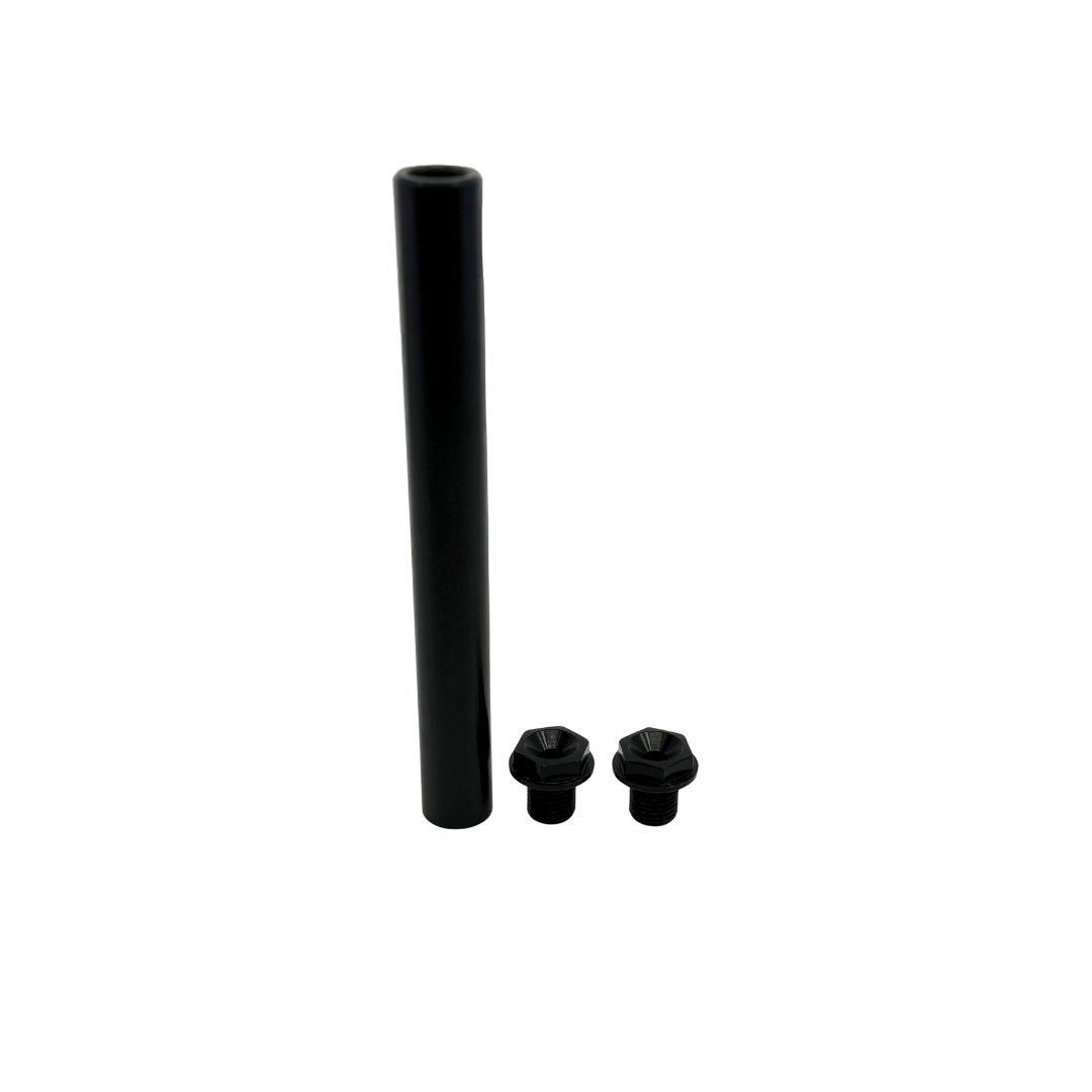 The Talaria FastAce Fork Axle, a black cylindrical rod, stands vertically beside two hexagonal-headed black screws on a pristine white background.