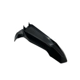 The Razor Stage2 Front Fender is a black plastic replacement for M1 and M2 bikes, featuring a sleek angular design with visible upper mounting points, shown on a white background.