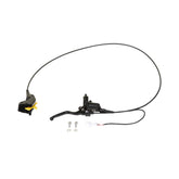 The Razor Stage2 Brake Assembly is a black hydraulic brake lever system for the M1 Bike, featuring replacement OEM parts with a long cable, caliper, yellow pad spacer, two silver screws, washers, and a white connector.
