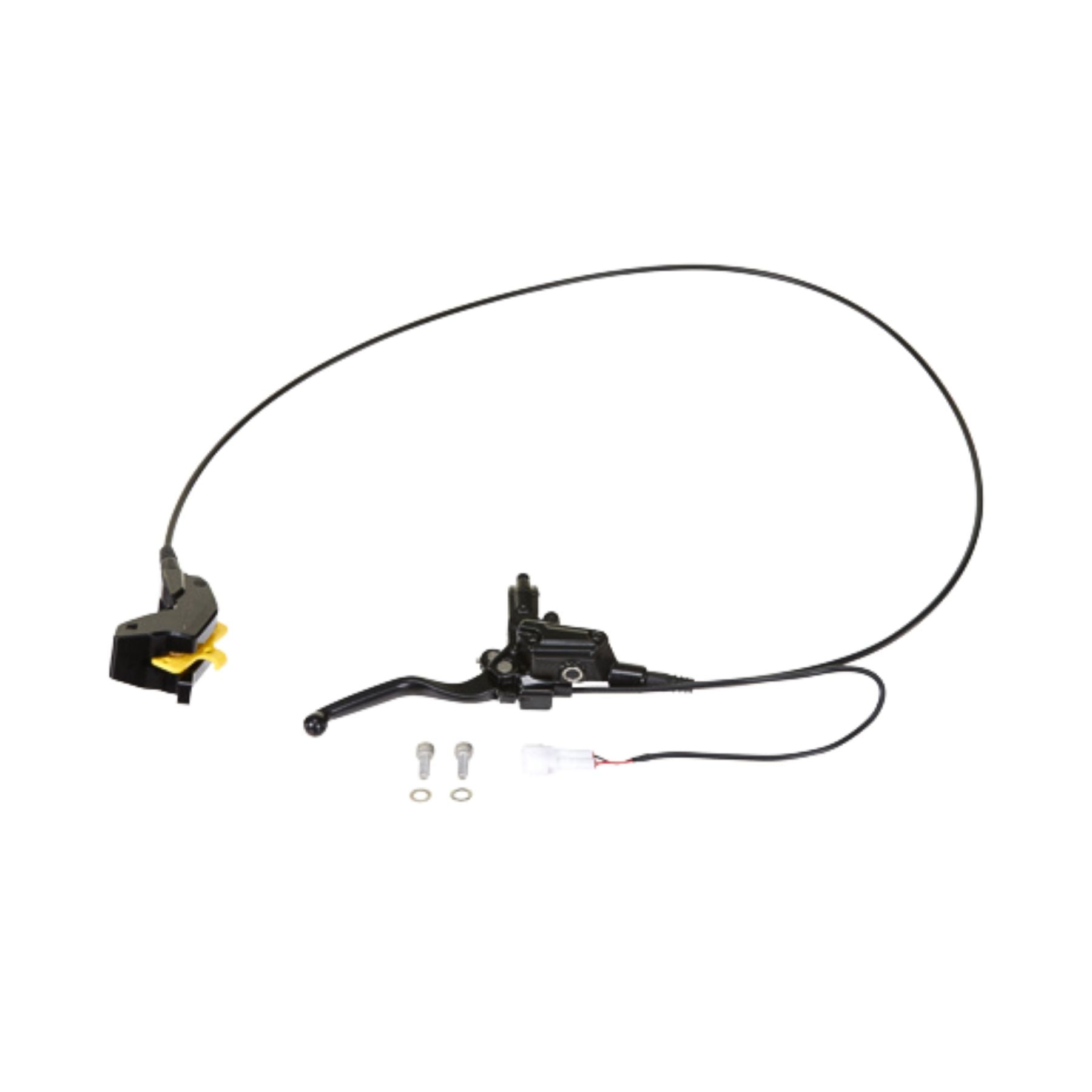 The Razor Stage2 Brake Assembly is a black hydraulic brake lever system for the M1 Bike, featuring replacement OEM parts with a long cable, caliper, yellow pad spacer, two silver screws, washers, and a white connector.