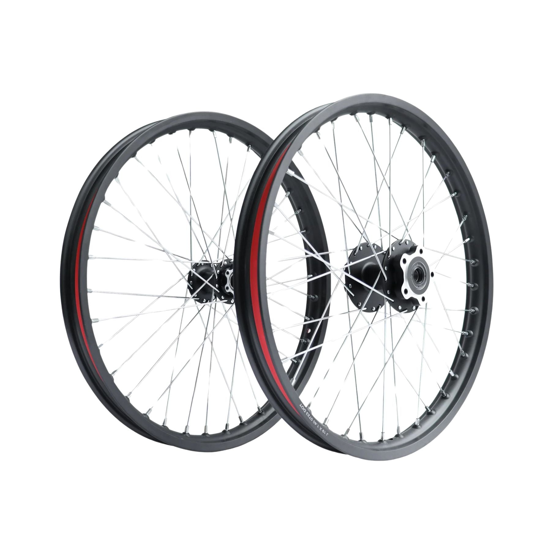 Two black and silver 79Bike 19 Wheel Rim Hubs with red-accented front and rear rims stand upright, slightly overlapping, isolated on a white background.