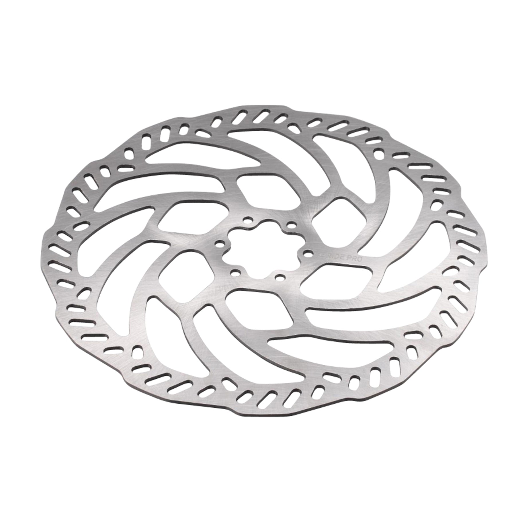 The E-Ride Pro 220mm Front Brake Disc in silver features a wavy design with ventilation cutouts. It has a six-bolt mounting pattern and is shown on a plain white background.