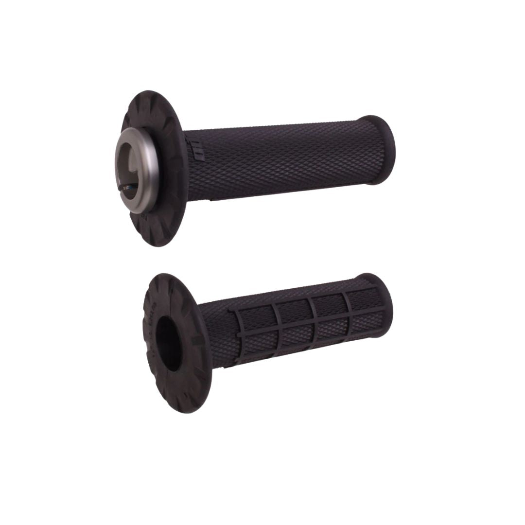 Two black ODI Universal Lock-On Grips Half-Waffle by Odi for 7/8 handlebars are shown—one with a twist-throttle metal tube and one without—both displayed on a white background.