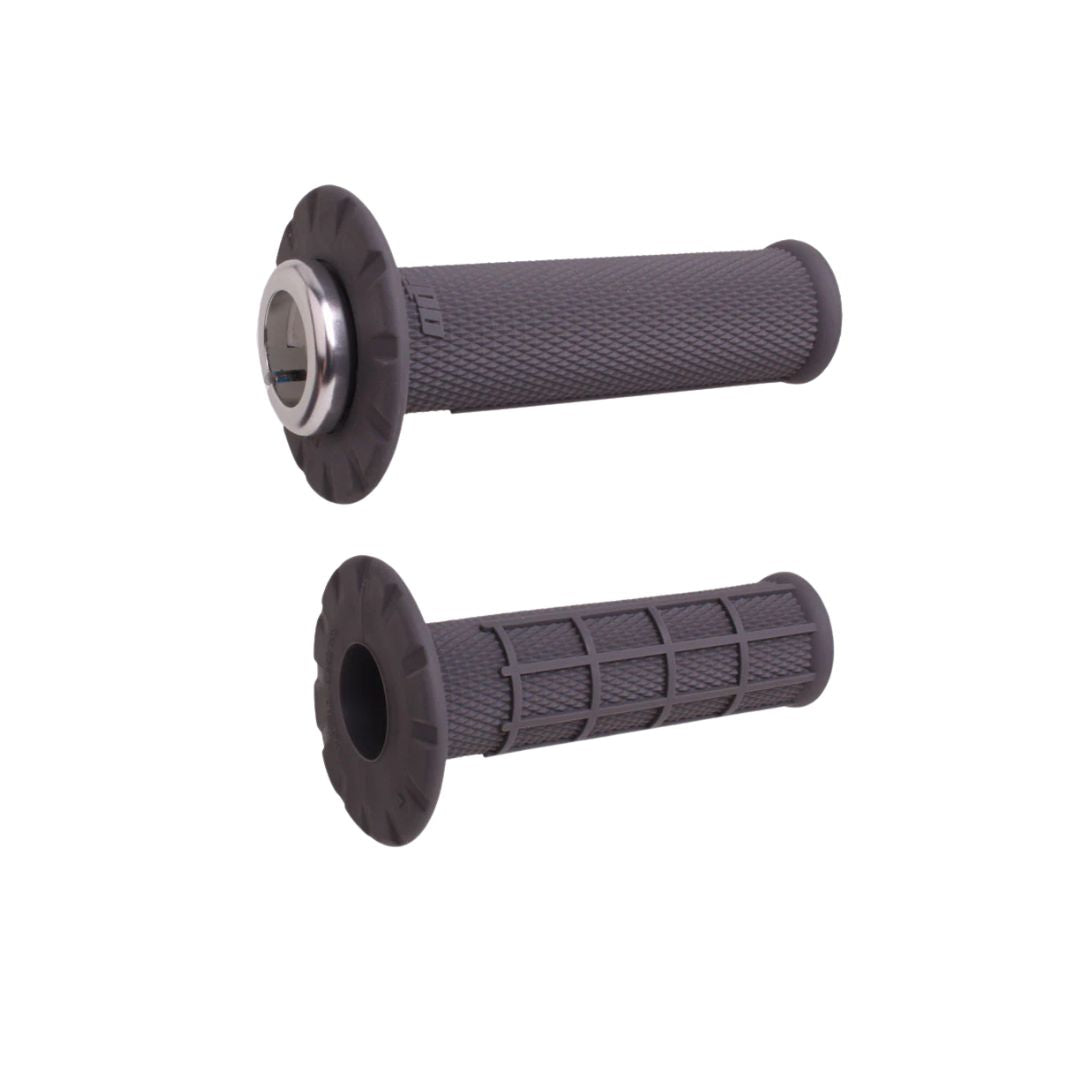 A pair of black ODI Universal Lock-On Grips Half-Waffle by Odi for 7/8 handlebars, one with a metal Lock-On grip ring, both with flange ends, shown isolated on a white background.