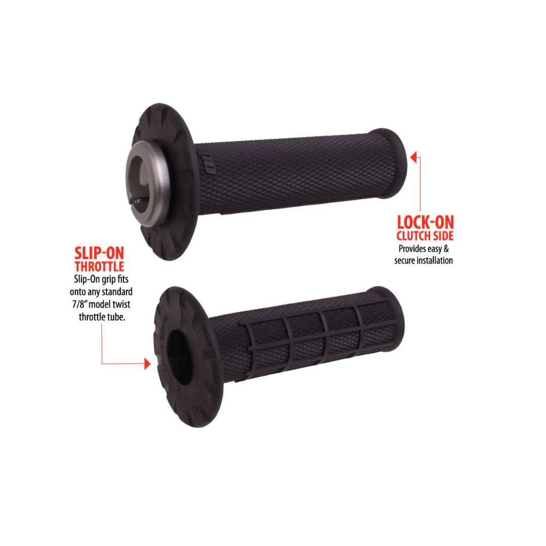The ODI UNIVERSAL LOCK-ON GRIPS HALF-WAFFLE by Odi includes two black grips: a Slip-On Throttle for 7/8” handlebars with twist throttle, and a Lock-On grip for the clutch side, both designed for easy, secure installation.