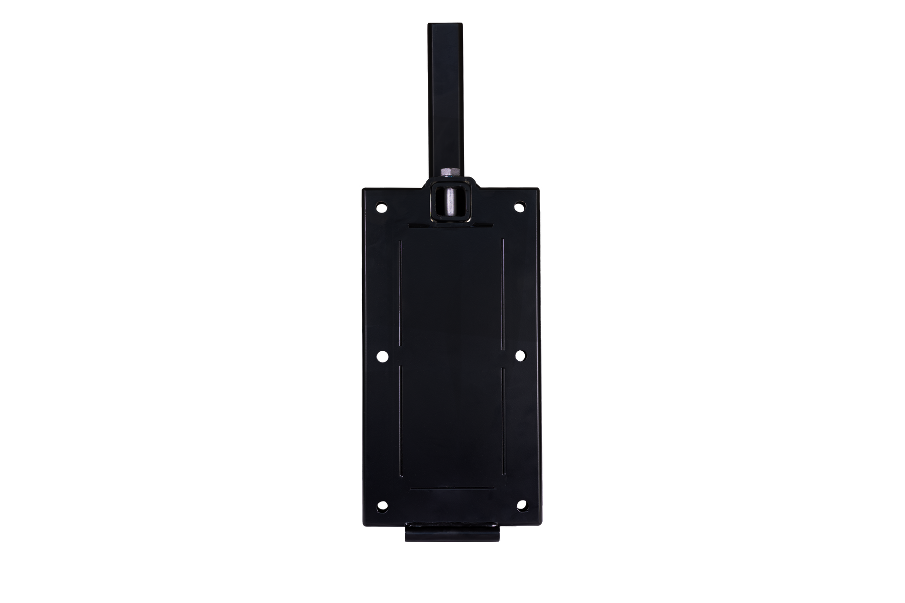 This black electronic device by Amped Bikes is designed for seamless integration with Urban Moto Racks. Featuring a visible connector on top, strap, and multiple screw holes, it ensures perfect compatibility and is set against a plain white background.