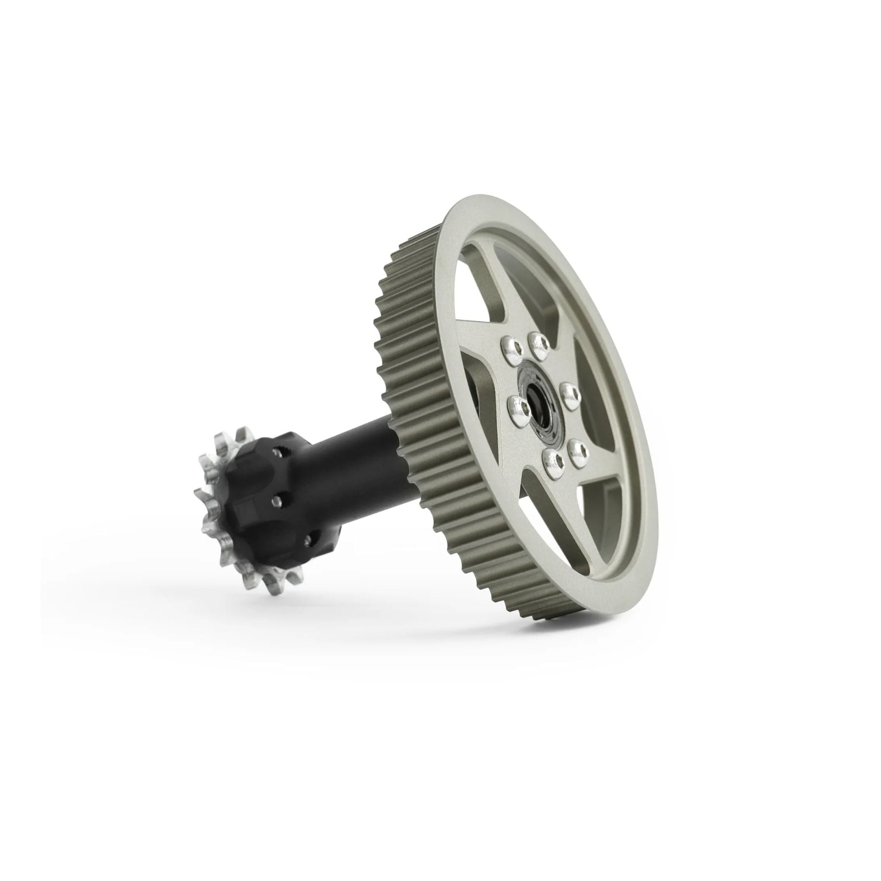 The 79Bike Falcon Pro Midshaft Sleeve Assembly features a large metal spoked gear attached to a black cylindrical shaft with OEM quality, and a smaller toothed gear at the other end, displayed on a white background.