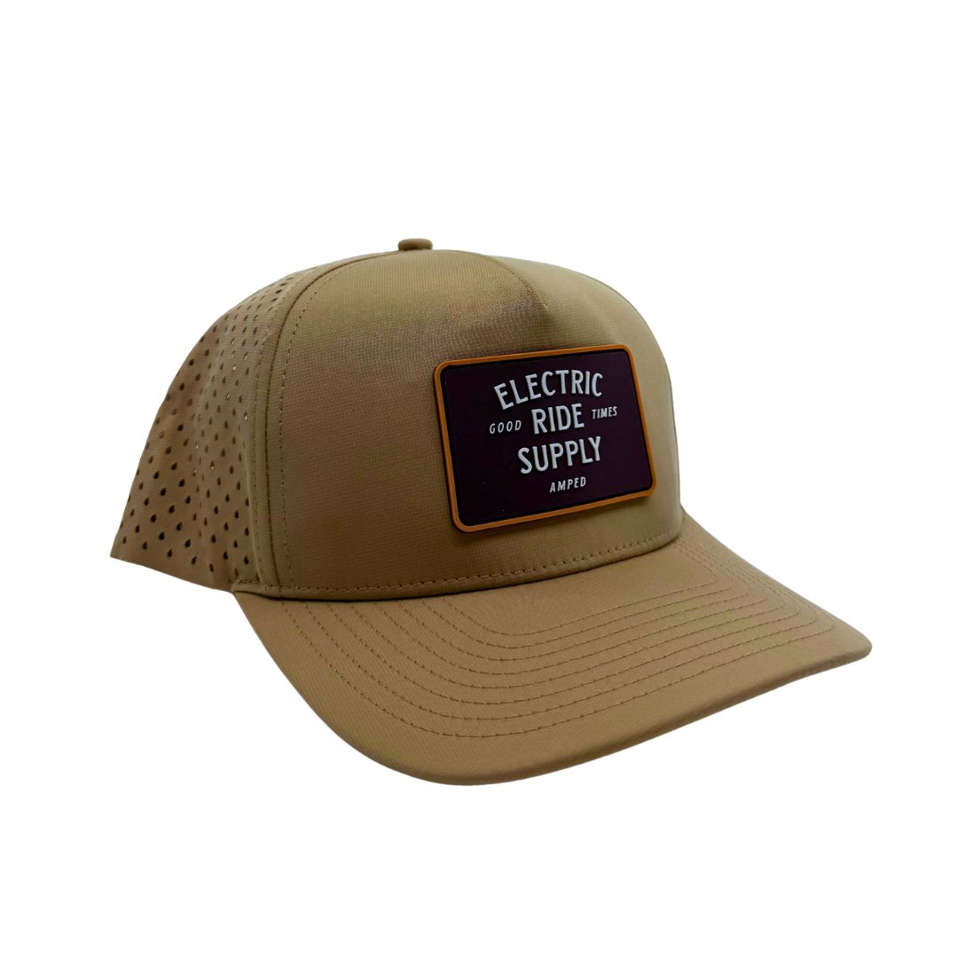 Side view of the mesh and khaki front and brim of the Electric Ride Supply Hat