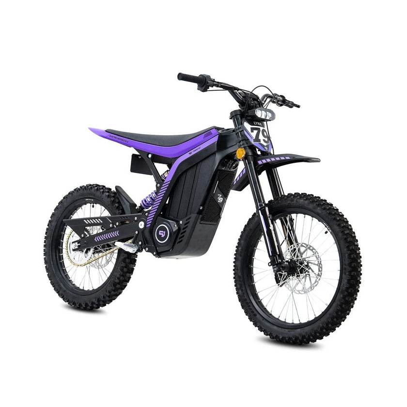79Bike Lynx electric dirt bike in purple, front three-quarter view with LED headlight, number plate marked 79, and inverted front forks.