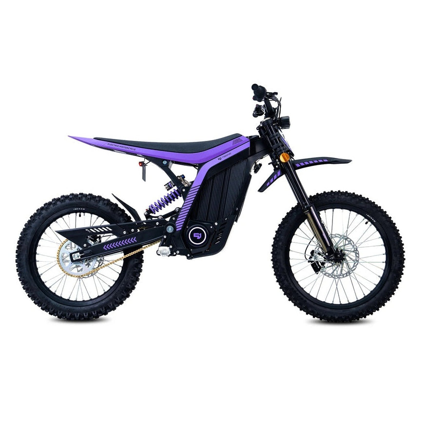 79Bike Lynx electric dirt bike in purple and black, side view showing the frame, rear coil-over suspension, chain drive, and knobby off-road tires.