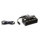 A Razor Stage2 M1 Charger in black with an attached power cord and a separate detachable cable displayed beside it on a white background—perfect for your electric dirt bike.