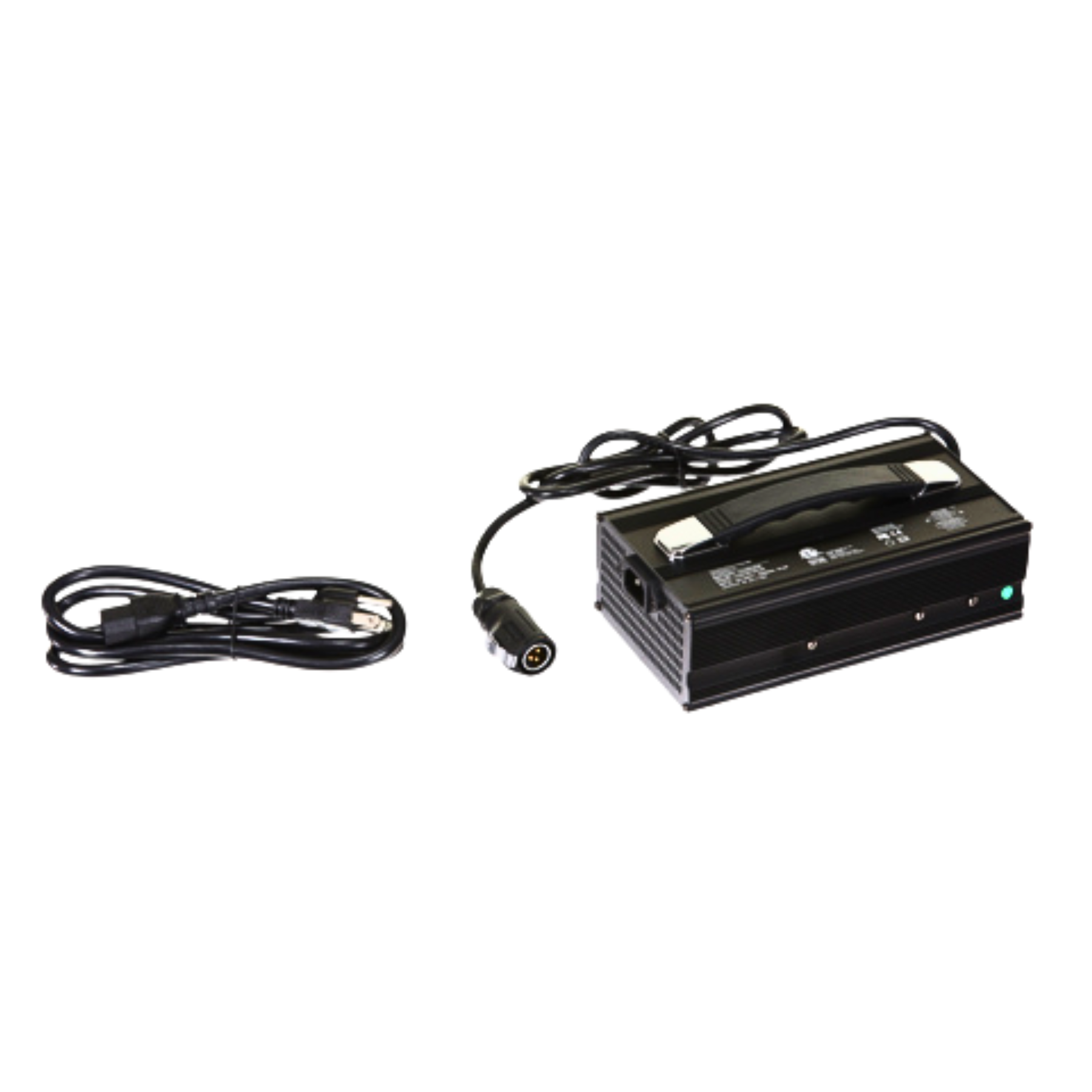 A Razor Stage2 M1 Charger in black with an attached power cord and a separate detachable cable displayed beside it on a white background—perfect for your electric dirt bike.