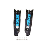 Two black Razor Stage2 M1 Fork Covers, labeled in blue and white, are shown side by side with mounting screws and washers below them on a white background—hardware included.