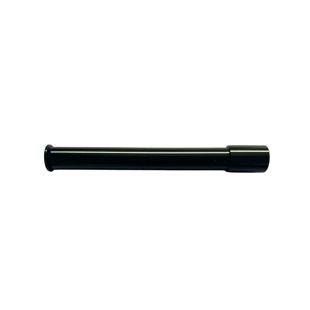 A sleek, black cylindrical wand-shaped object identified as an Amped Bikes Replacement Talaria Front Axle with a thicker grip on one end, shown against a plain white backdrop.