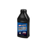 A black bottle labeled MAXIMA BRAKE FLUID DOT 4 500ML by Amped Bikes boasts a blue and white design, branded Universal Brake & Clutch Fluid for both street and off-road. It ensures zero-fade performance with a high boil point, set against a plain white background.