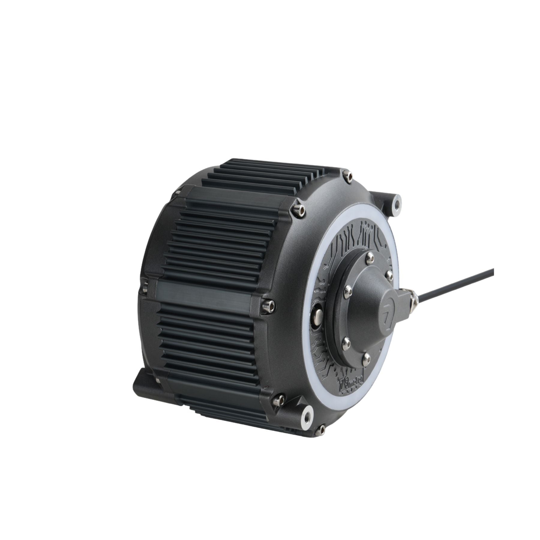 The 79Bike Falcon Pro Motor, finished in black with ribbed cooling fins, mounting brackets, and an attached cable, is displayed against a white background—designed for high-performance and lightweight applications.