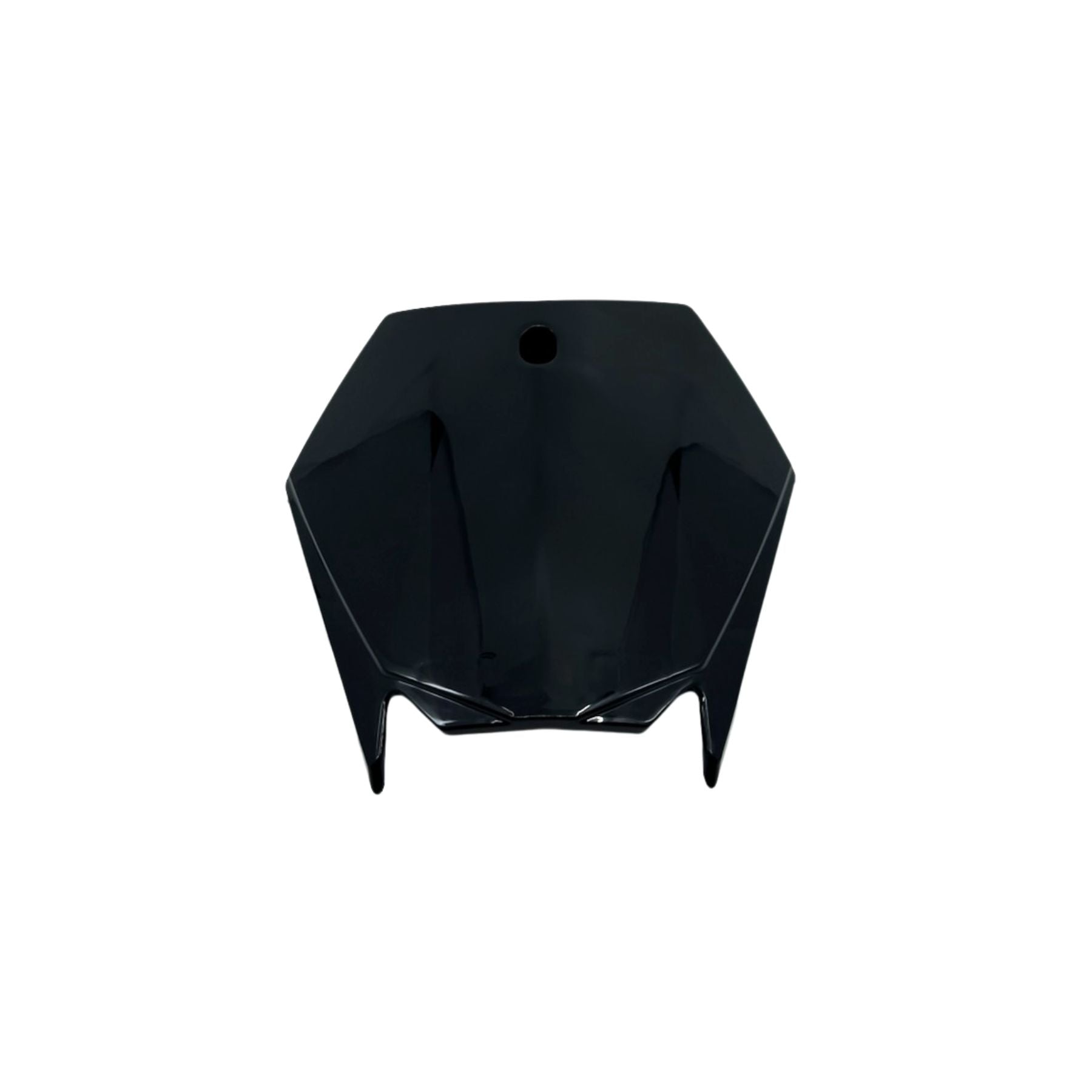The Razor Stage2 Number Plate is a glossy black, angular plastic panel for an electric dirt bike, featuring a central top hole and pointed lower edges, shown against a white background.