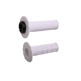 A pair of ODI UNIVERSAL LOCK-ON GRIPS PRO HALF-WAFFLE (SOFT) by Odi, white with black end accents and MX Half-Waffle pattern, designed for a secure Lock-On fit, shown on a plain white background.