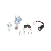 The Razor Stage2 On/Off Switch, Lockset, and Keys includes a metal lock, two keys, mounting bracket, wiring connector, battery box lock, and screws—displayed on a white background.