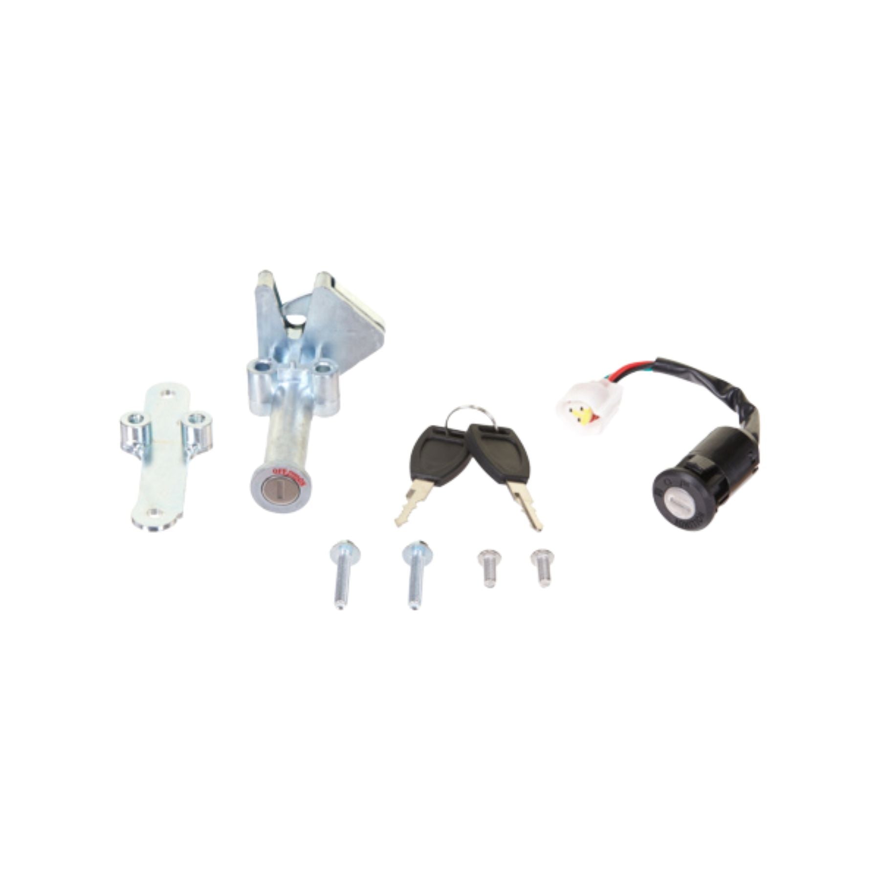 The Razor Stage2 On/Off Switch, Lockset, and Keys includes a metal lock, two keys, mounting bracket, wiring connector, battery box lock, and screws—displayed on a white background.
