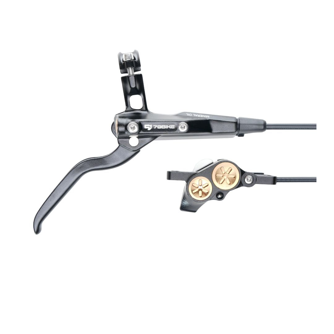 Close-up of a black Tektro hydraulic brake lever and caliper set, ideal for 79Bikes Falcon Pro Brake Cylinder Pump Assembly. The sleek design and copper-accented calipers are connected by a black cable, set against a white background.