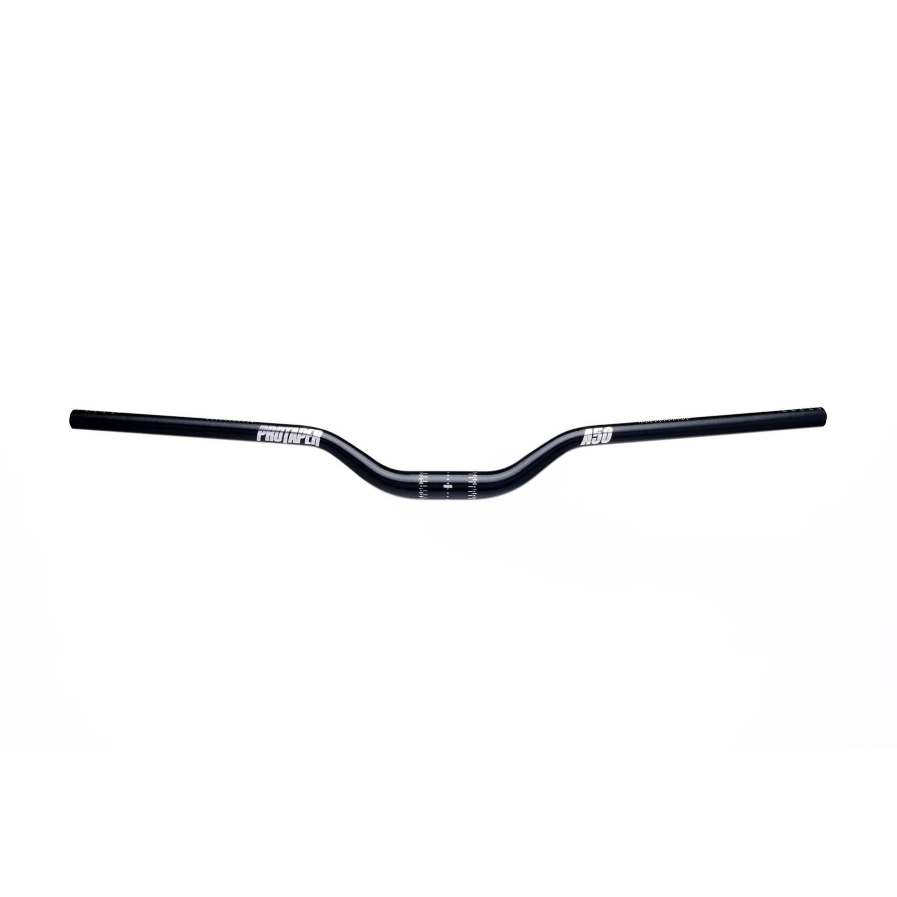 The black ProTaper A50 Rise Handlebar by Amped Bikes, perfect for tall riders, features an elegant upward curve with ProTaper and 350 in white, standing out against a plain white background.