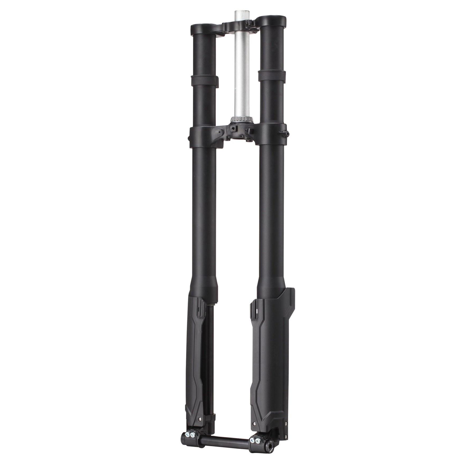The Amped Bikes Pro SS Adjustable RST Heavy Suspension Fork is a tall, sleek, black front fork with parallel stanchions connected by a crown and brace. Its built for mountain biking to absorb shocks on 27.5″x2.4″ tires and fits perfectly on the E Ride Pro SS model.