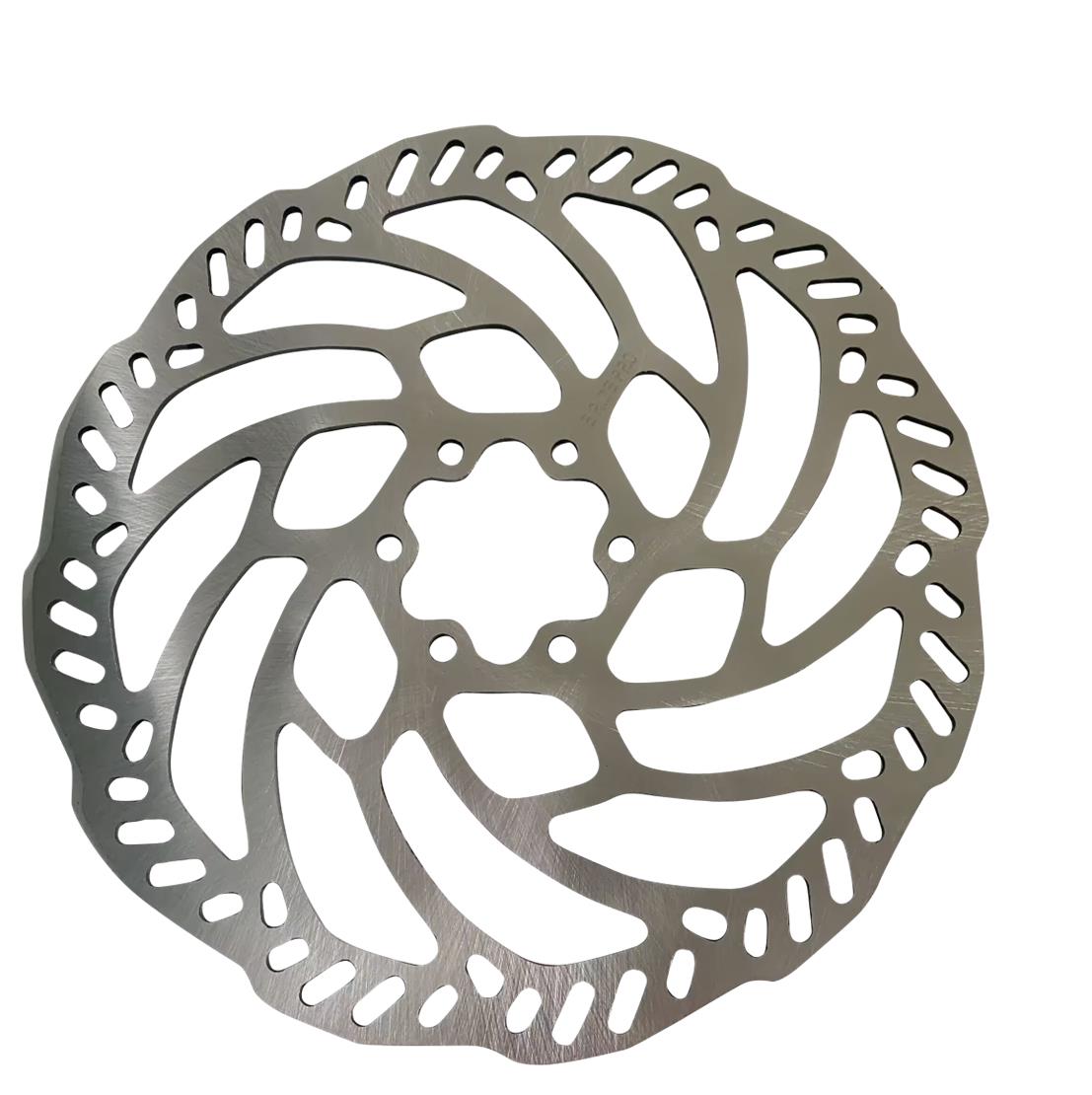 The metallic 220mm Rear Brake Disc from E-Ride Pro features a spiral pattern of cutouts for ventilation and weight loss. Designed as a replacement rear brake disc, it has a circular shape with central mounting holes for easy attachment.