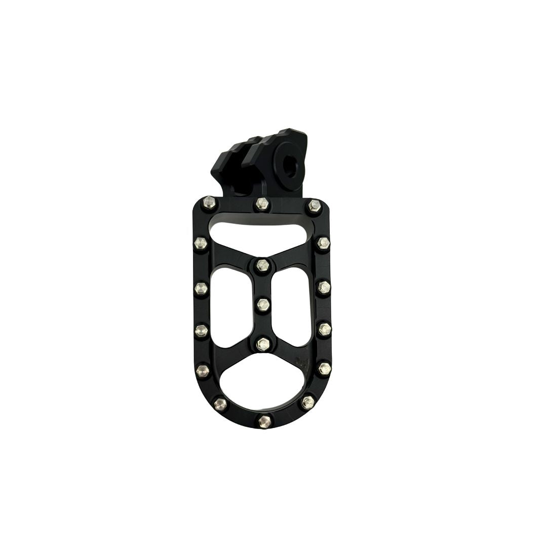The Talaria MX5 Footpeg by Talaria features a black metal oval design with open cutouts and silver edge bolts, offering high-performance and making it an ideal OEM replacement for your bike or scooter.