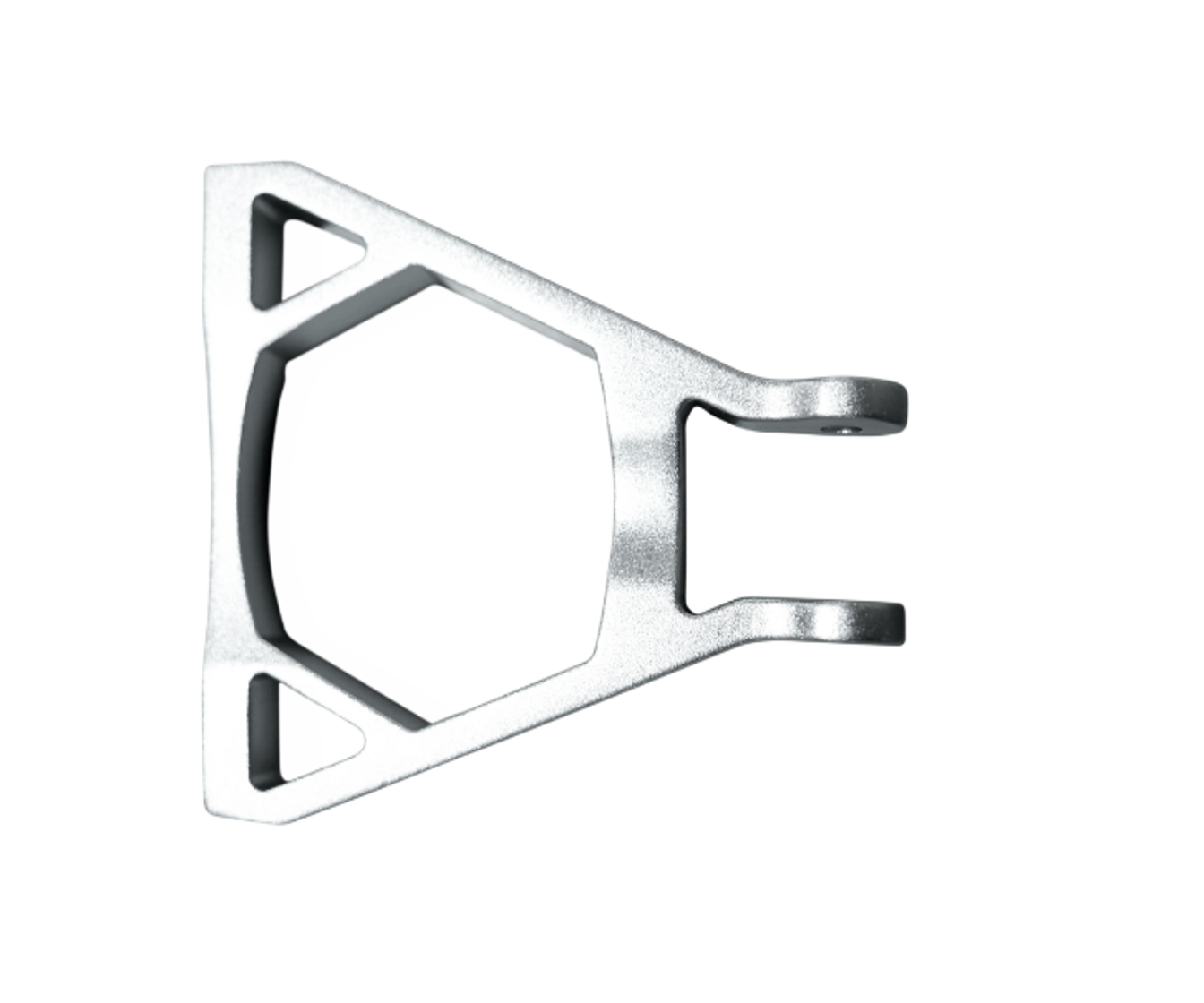 79Bike Falcon Pro Reinforced Rear Progression Triangle in silver metal featuring a center hexagonal cutout, angled triangular side cutouts, and parallel prongs with holes at the end, shown isolated on a white background.