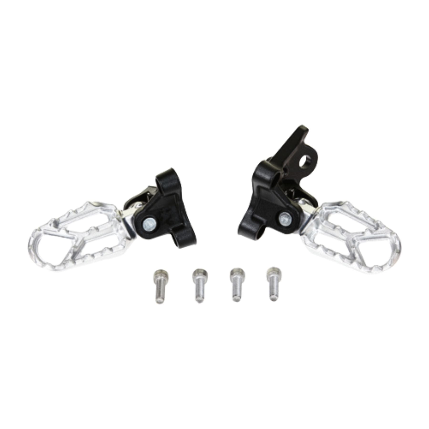 A set of Razor Stage2 Footpegs in silver and black, with mounting brackets for electric dirt bikes, shown with four silver screws on a white background.