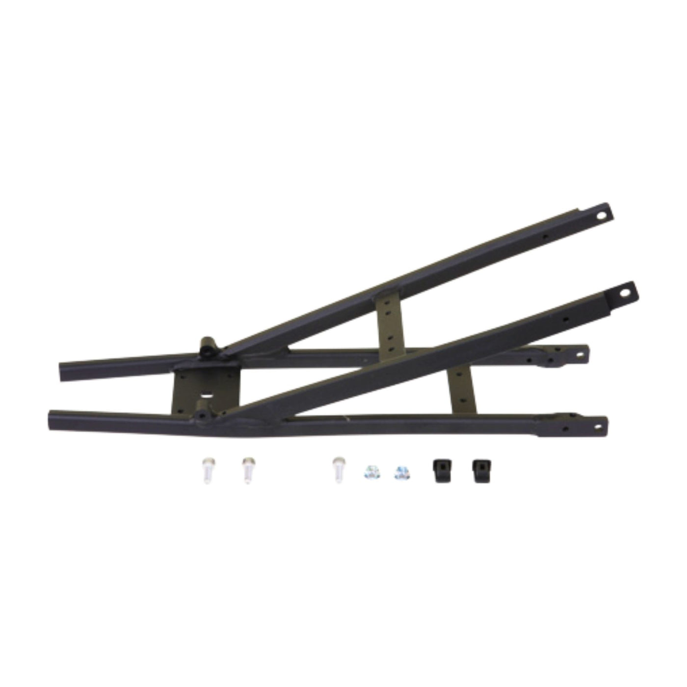 Two black metal Stage2 Subframe pieces by Razor are arranged in a V-shape, ideal as replacement parts for the M2. Several small bolts, nuts, and black plastic components are laid out beneath them on a white background.