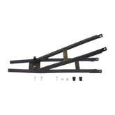 Two black metal Stage2 Subframe pieces by Razor are arranged in a V-shape, ideal as replacement parts for the M2. Several small bolts, nuts, and black plastic components are laid out beneath them on a white background.