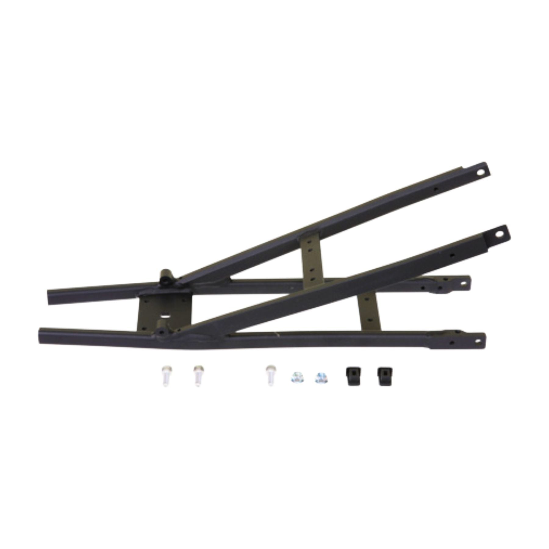 Two black metal Stage2 Subframe pieces by Razor are arranged in a V-shape, ideal as replacement parts for the M2. Several small bolts, nuts, and black plastic components are laid out beneath them on a white background.
