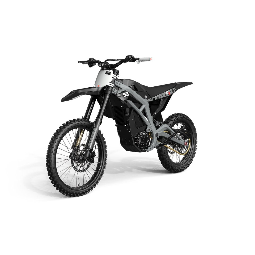 The Razor Stage2 M2 72V Electric Dirt Bike features a sleek black design with knobby tires, a robust frame, and swappable lithium battery. Its minimalist body with angular lines and unique front fender offers style and function for off-road terrains at speeds up to 65 MPH.