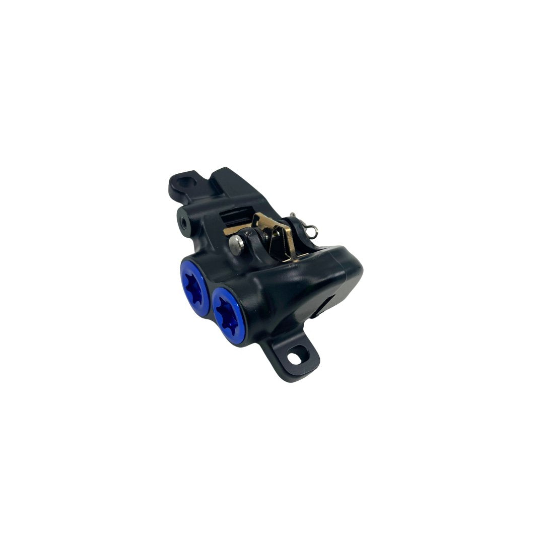 The Talaria MX5 Brake Caliper by Talaria features a black finish with two blue bolts and metal components, shown on a white background—perfect as an OEM replacement.
